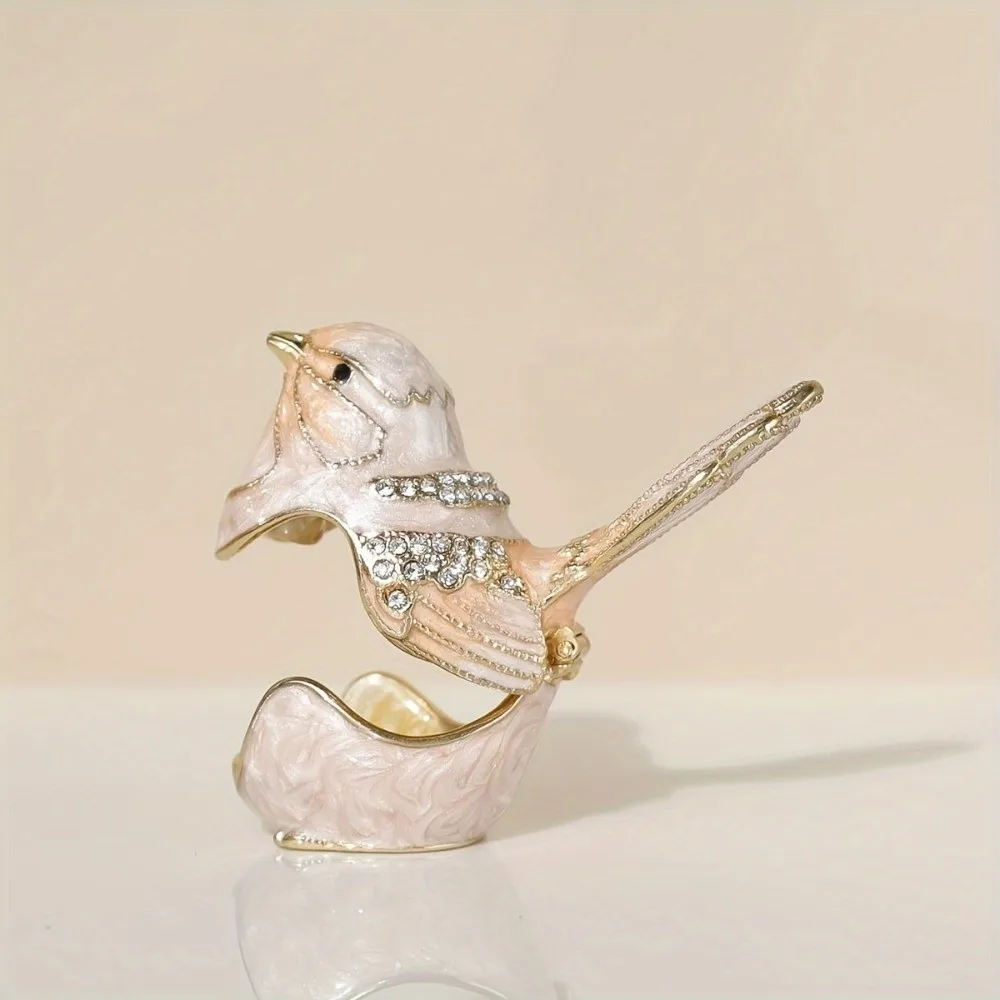 Bird Shaped Enamel Jewelry Box‌ Hand Painted Crystal Bird Figurine Ornaments Hinged Jewelry Storage Box