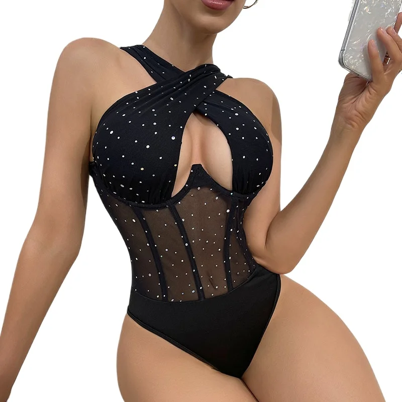 Sexy Perspective Mesh Fishbone Jumpsuit Women's Suspender Corset Top European and American Slim Fit and Beautiful Back Bodysuit