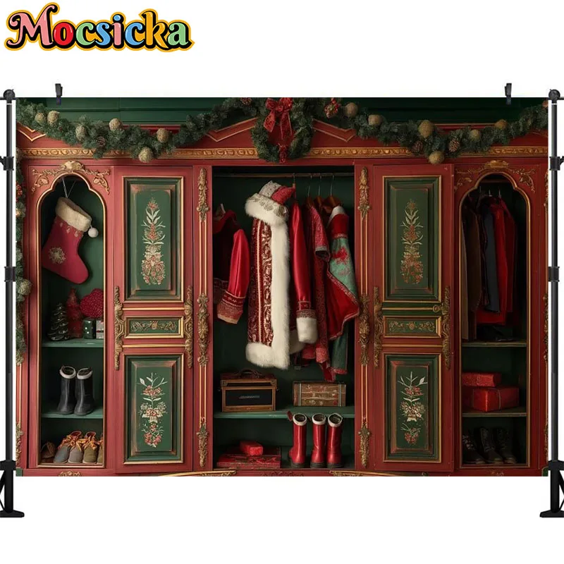 Christmas Wardrobe Theme Photography Background Santa Claus Clothes Party Decoration Supplies Kids Photo Portrait Backdrop