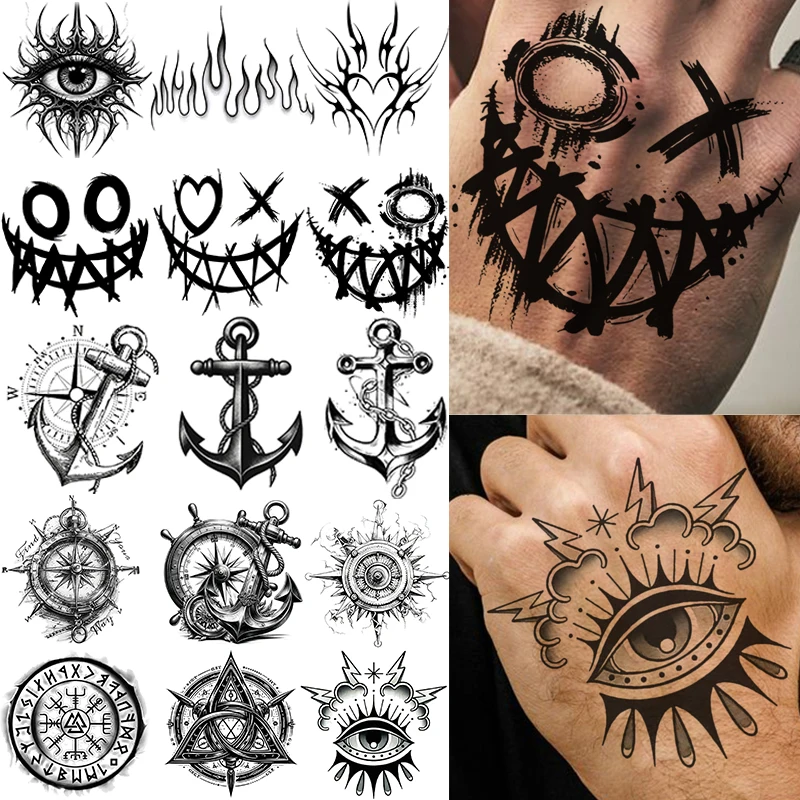 1 Sheet Graffiti Anchor Compass Temporary Tattoos For Adults Hands Necks Ankle, Fake Tattoo Stickers Waterproof Realistic Tatoos