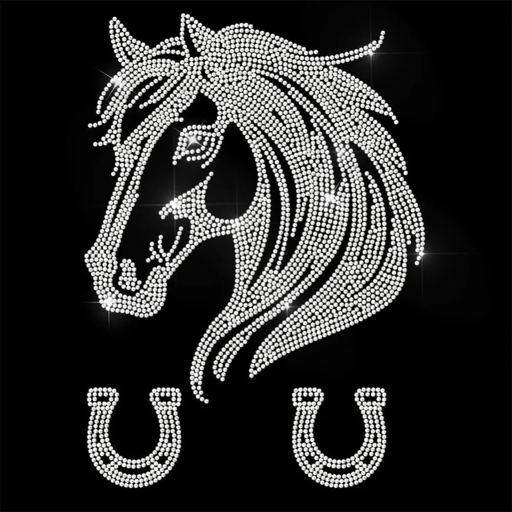 Weiße Strass-Aufnäher zum Aufbügeln, Pferd, Hufeisen, Bling, Hotfix-Aufnäher für Kleidung, 30 x 30 cm, große Pailletten-Applikation zum Aufbügeln