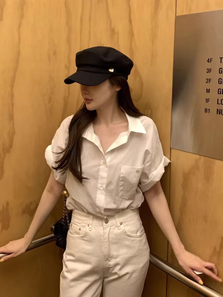 

Chic Summer Slim Fit Pure Color Loose Single Button Thin ort Sve irt Women's Casual Versatile irt Commute Sle Kore...