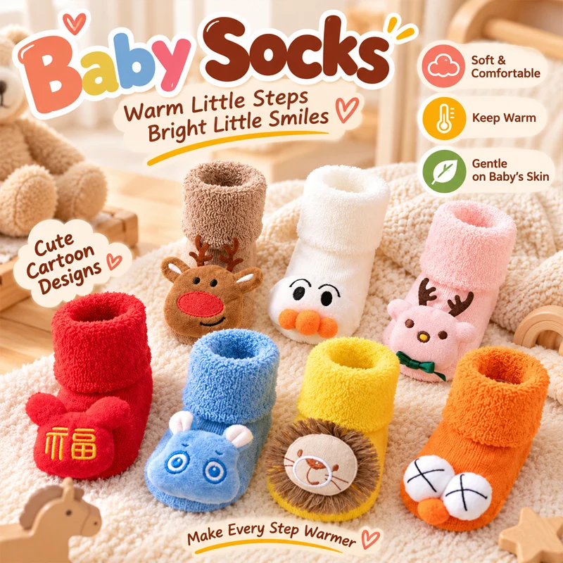 Socks Set Autumn Winter Red Thick Warm Non-Slip Sole for Boys Girls Infants Cozy Soft Anti-Slip Socks for Cold Weather