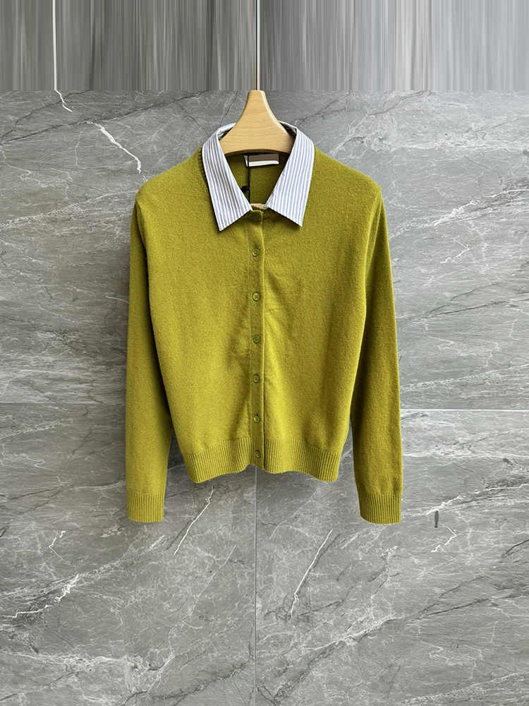 

Spenneooy Spring Fashion Grass Green Wool Knitting Cardigan Women Streaks Turn-down Collar Long Sleeve Single Breasted Sweaters