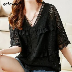 Black Stereoscopic Embroidered Lace V-neck Half Sleeved T-Shirts for Women Summer Clothes Hollow Out Loose-fitting Chiffon Tops