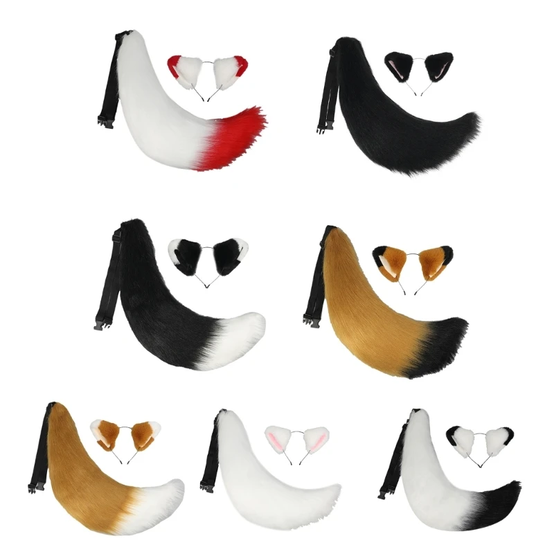 

Furry Fox Tail Cats Clip Ears Sets Faux Fur Fox Tail Cosplays Fox Ears Tail Kit Adjustable Waist Buckle Fox Tail Costume