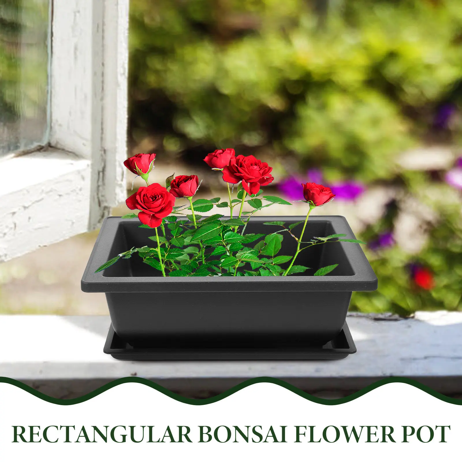 Fotografia 6: Conjunto de 8 Vasos Retangulares de Plástico de Alta Qualidade com Bandeja para Jardinagem Interna e Externa, Bonsai e Suculentas