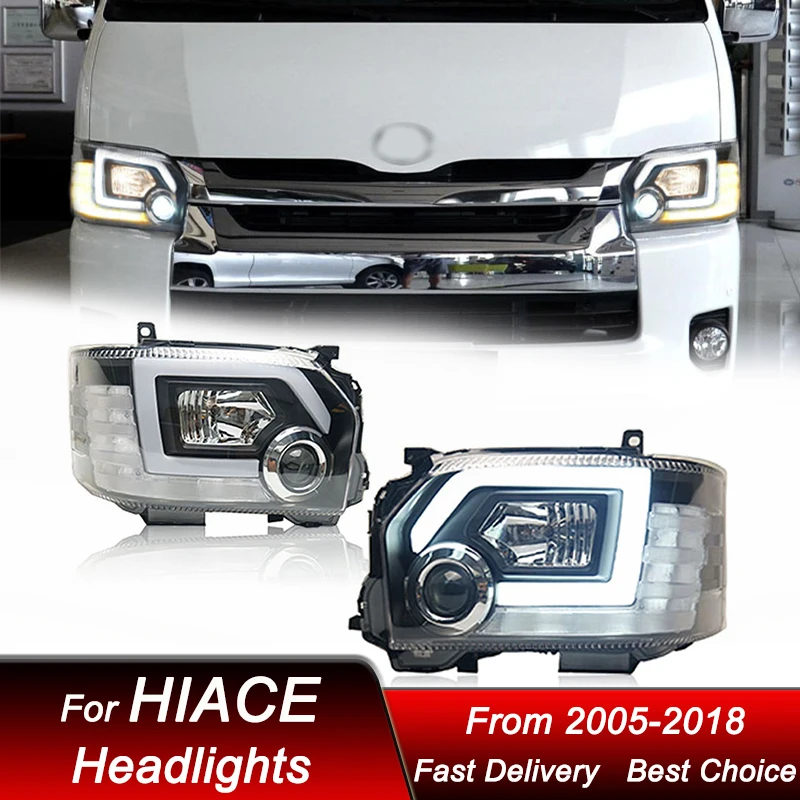 

Автомобильные светодиодные фары для Toyota HIACE 2005-2018, новый стиль, полностью светодиодная сборка, обновление, комплект аксессуаров для линз проектора с высокой настройкой