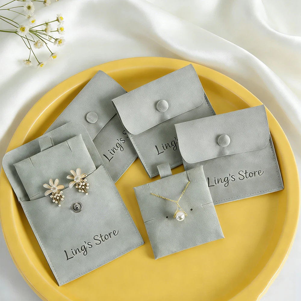 

Personalized Logo Jewelry Package Microfiber Snap Button Pouch Bags Jewellery Earrings Necklace Gift Bag with Insert Pad/Card