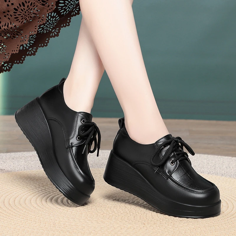 

Spring And Autumn Deep-Mouth Single Shoes For Work Thick-Soled Wedge Heels Soft-Soled Mother's Shoes Lace-Up Small Leather Shoes