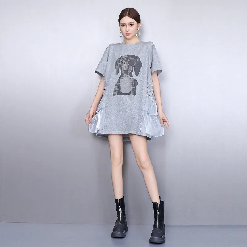 

2026 Summer New Fashion Women Loose Gray Dog Printed T-shirts Female Casual Short Sleeve Top Wholesale J2253