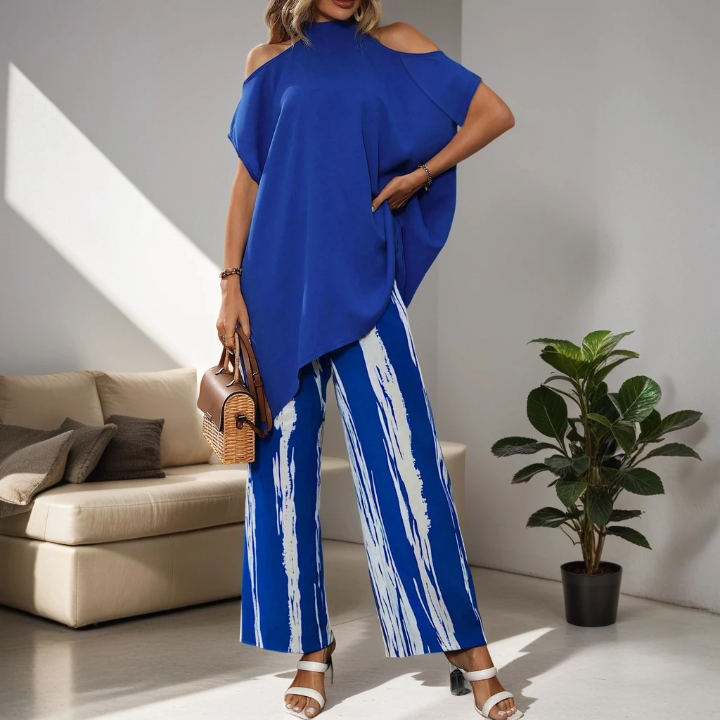 Women\'s plus size 2-piece set Solid Blue Short Sleeve Top with Uncovered Shoulders Elegant Striped Long Pants in Fashion