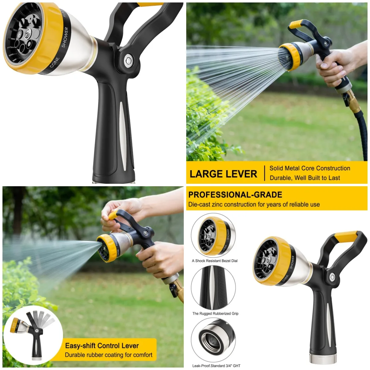 

Heavy Duty Metal Hose Nozzle with 8 Spray Patterns, High Pressure Garden Sprayer, Lever Control & Non-Slip Grip for Plants, Lawn
