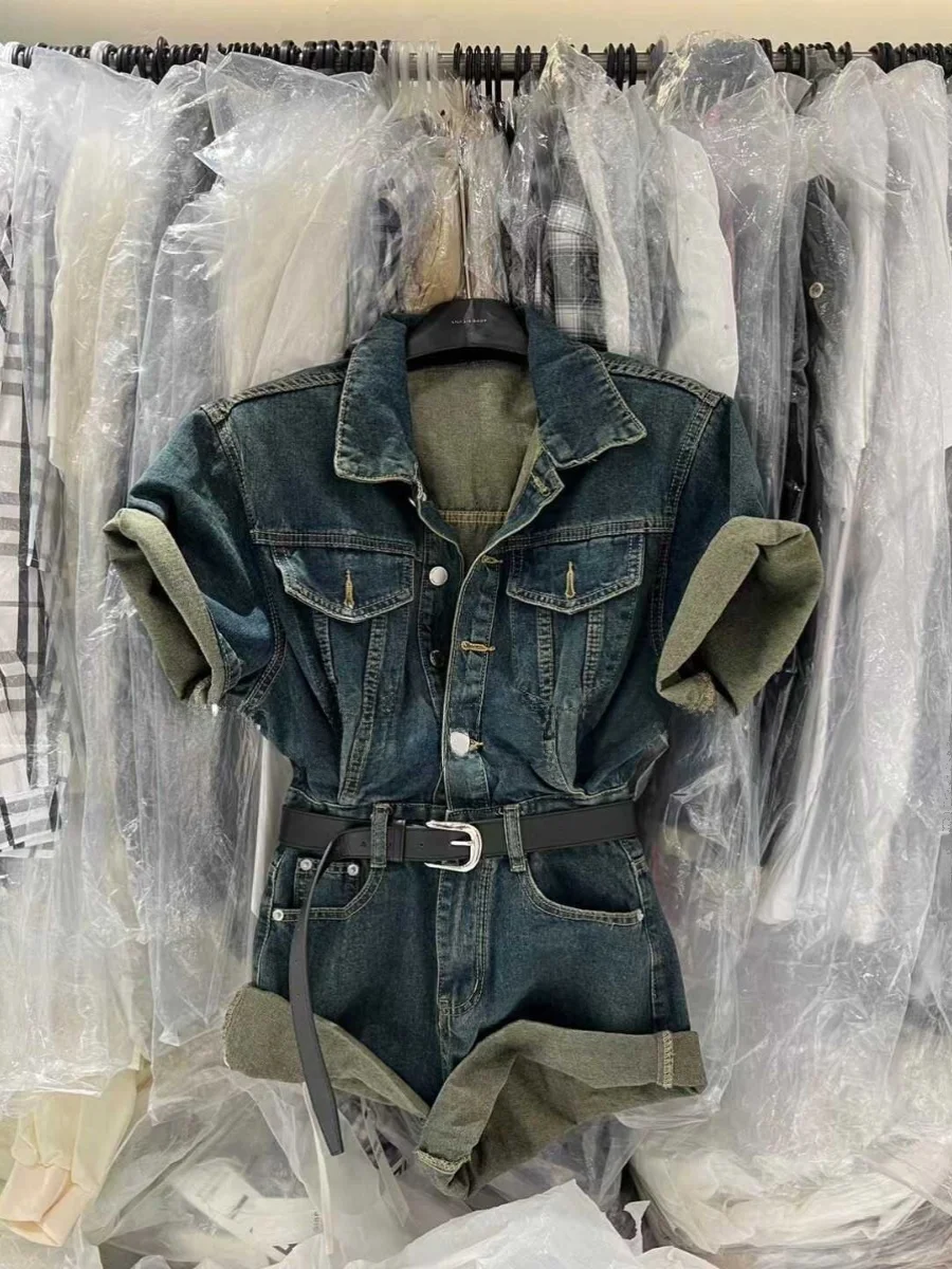 American Retro High Waist Slimming Denim Overalls Summer New Design Sense Small ence Waist Inward Wide Leg Cuffed orts