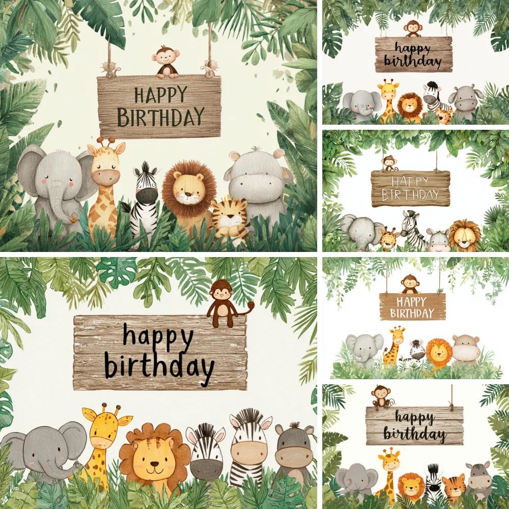 

Jungle Forest Animal Theme Kids Birthday Party Decor Jungle Lion Green Leaf Backdrop Baby First Birthday Gift Photo Backdrop