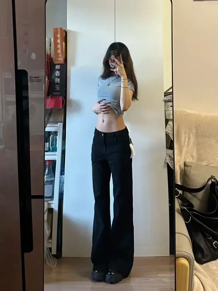 

Y2K Высокоэластичные женские свободные черные джинсы Женские удобные джинсовые широкие брюки Однотонные повседневные брюки Мешковатые винтажные расклешенные брюки для мам