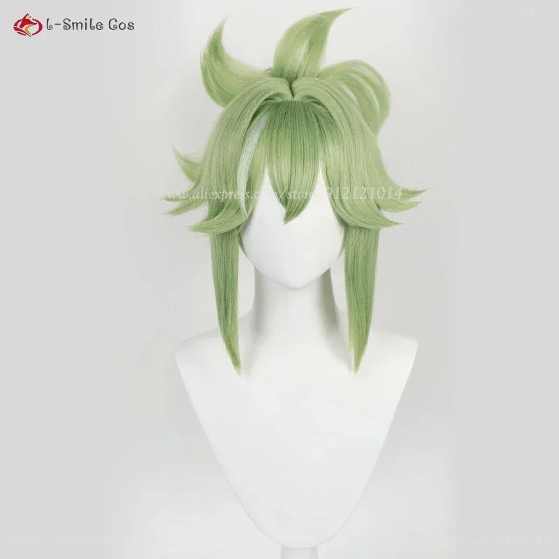 Peluca de Cosplay Kuki Shinobu de 33cm, pelucas cortas de cuero cabelludo verde claro con cola de caballo, pelo sintético resistente al calor, peluca de Anime para fiesta de Halloween
