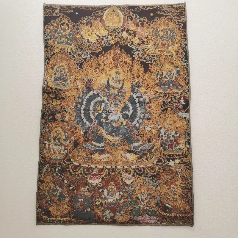 Tibetan Embroidered Yamantaka Thangka Vajrabhairava Brocade Tangka Wall Hanging Buddhist Religious Wall Art Decor