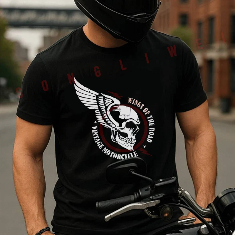 

Мужская хлопковая футболка WINGS OF THE ROAD VINTAGE MOTORCYCLE Skull Moto, летняя повседневная футболка с короткими рукавами, дышащие топы унисекс
