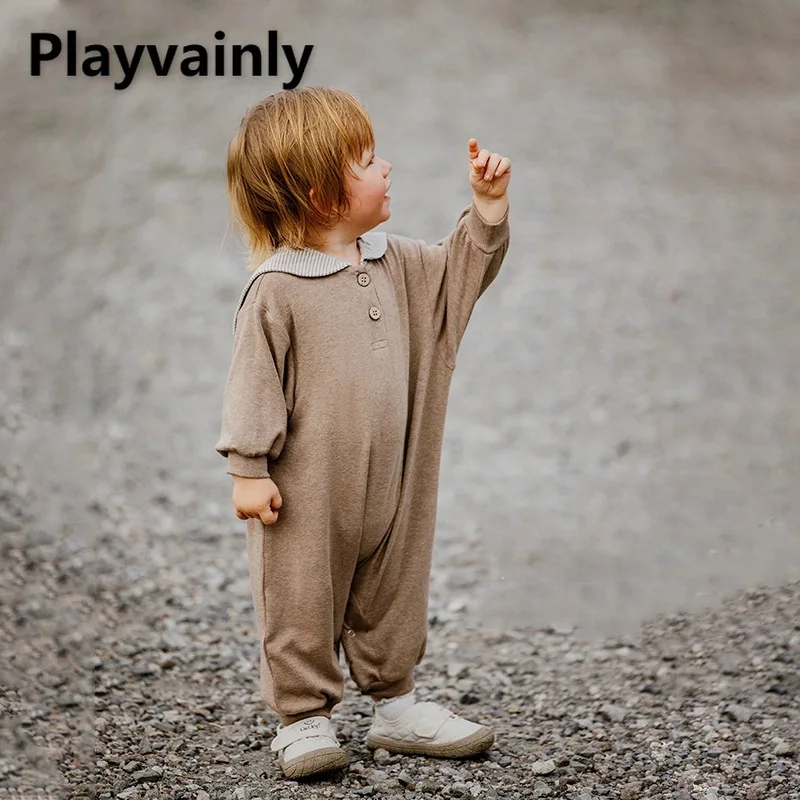 

Preppy Style Baby Girl Boy Long Sleeve Jumpsuit Spring Autumn Apricot Dark Brown Large Lapel Loose Rompers Infant Clothes A5315