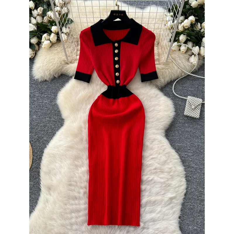 ผู้หญิงเก๋ฤดูร้อนSlimเสื้อโปโลคอBodyconถักชุดยาวVINTAGE PARTY Patchwork SheathชุดElegant Tunic Office vestidos