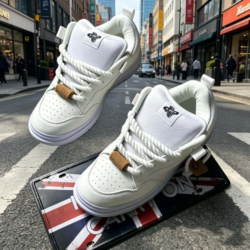 

2026 Trend White Chunky Bread Sneakers, Thick Rope Lace-Up Low-Top Casual Shoes, Non Slip Wear Resistant Plus Size Unisex Outdoo