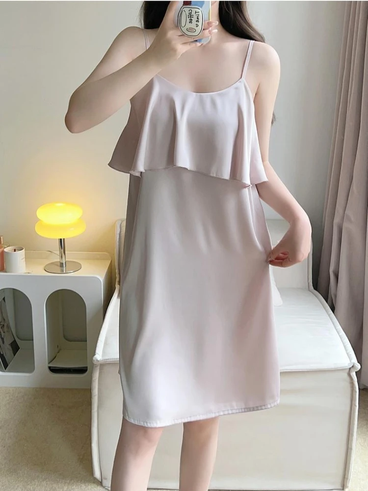 150kg Plus Size Home Dress Women Summer Thin Ice Silk Sleeveless Loungewear Suspenders Mid Length Nightgown Loose Sleepdress 3XL