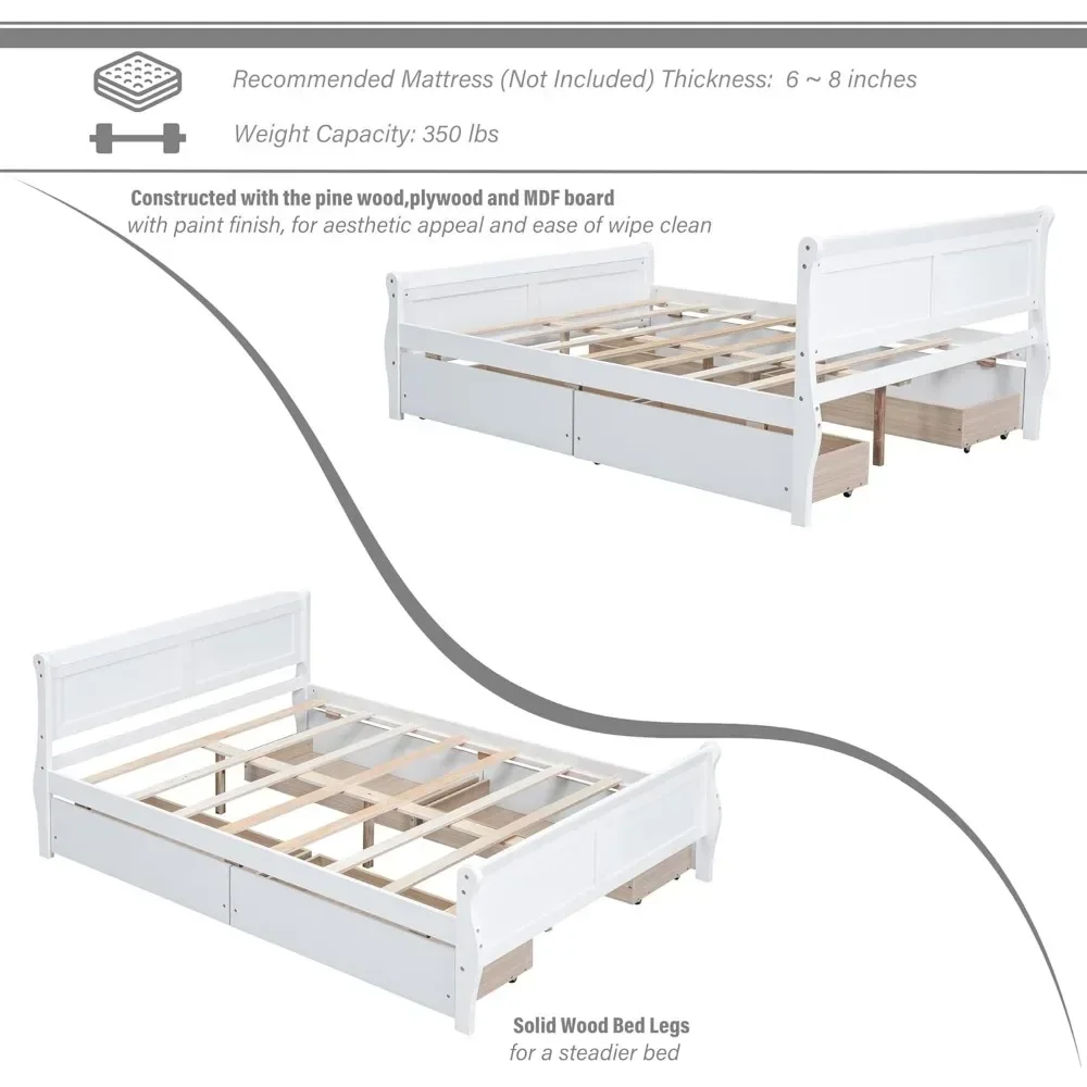 Cama de tamanho completo cabeceira de madeira e placa traseira 4 gavetas de armazenamento sem colchão de mola suporte de careta de madeira móveis brancos