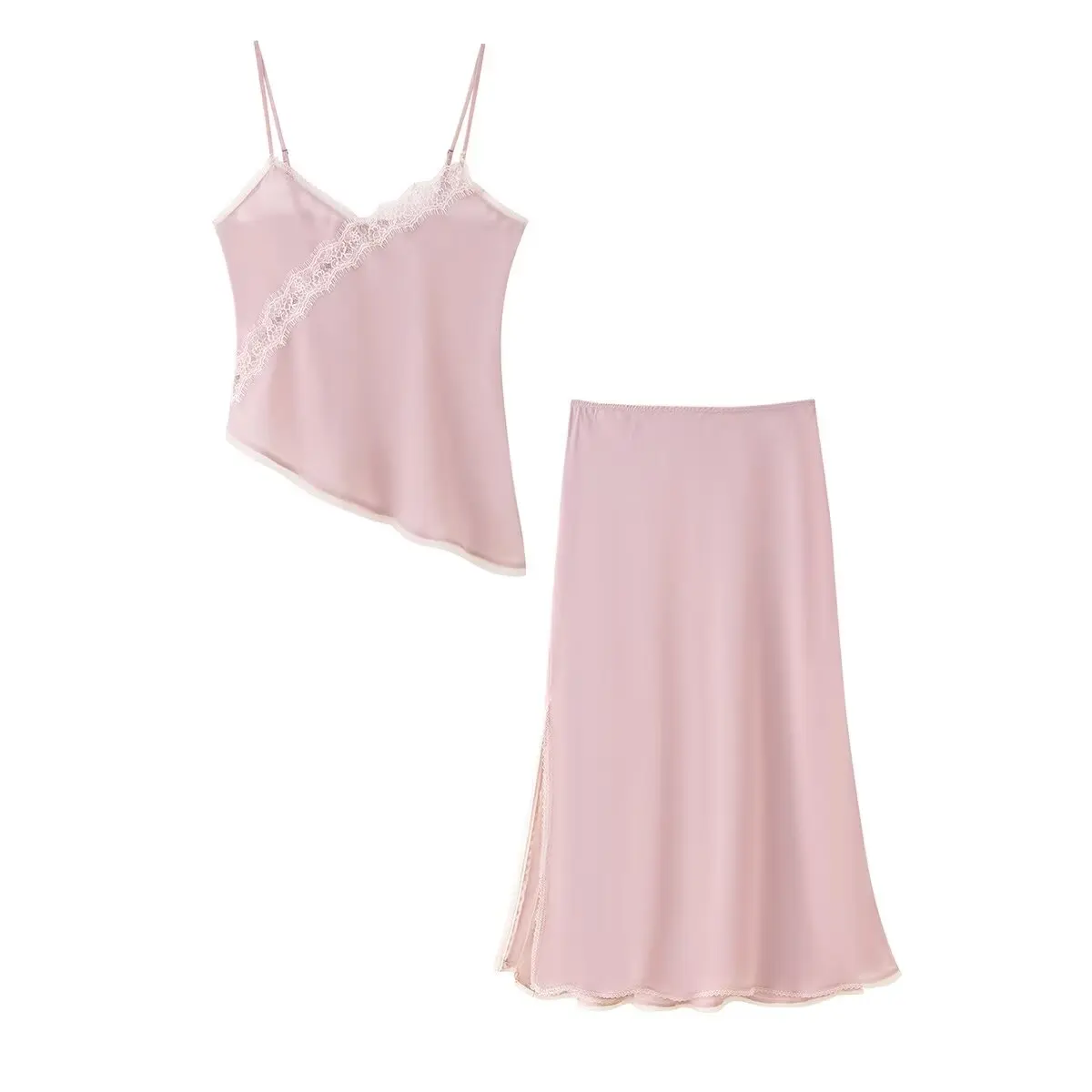 Tidalyf 2025 Women Pink Cami Top and Skirt Set Heart Neckline Lace Trim Slim Fit with Elastic Bust Waist Slit Hem Elegant Sexy
