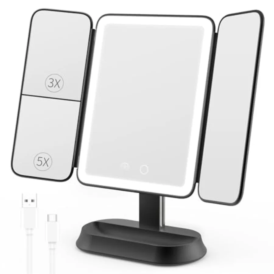 

Rechargeable Lighted Makeup Mirror with 1X/3X/5X Magnification, Professional 3-Color LED Trifold Vanity Mirror, Smart Memory, T