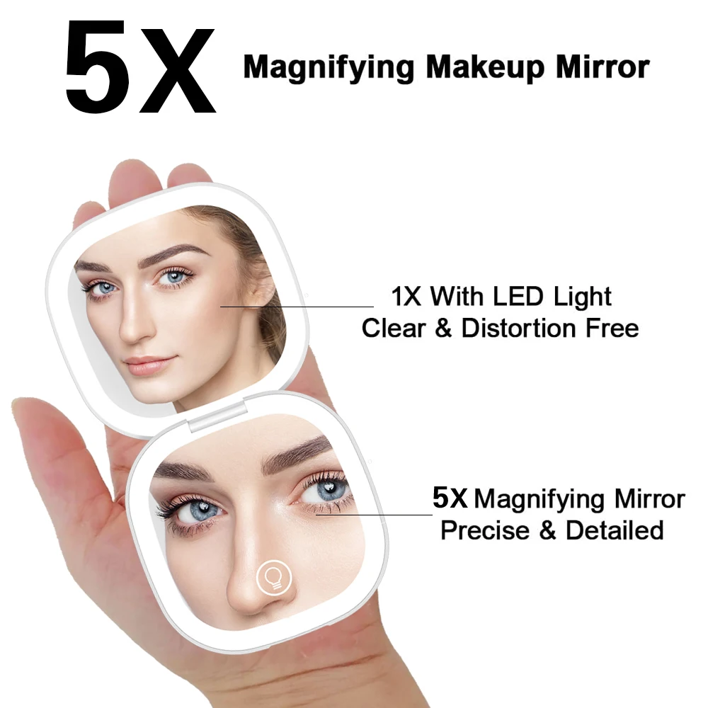 Compact LED Makeup Mirror, Travel Portable Mirror with 5X Magnifying, 3 Lighting Colors, Dimmable,  Foldable Mirror