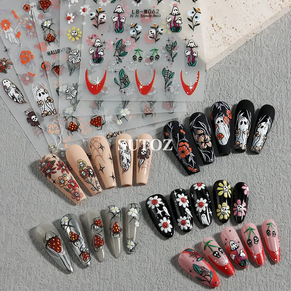 Pegatinas de uñas 5D, decoración de Halloween escalofriante, flor, fantasma, Calavera, margaritas, deslizadores, dijes de araña de frutas, calcomanía de manicura, LEBLB-W059