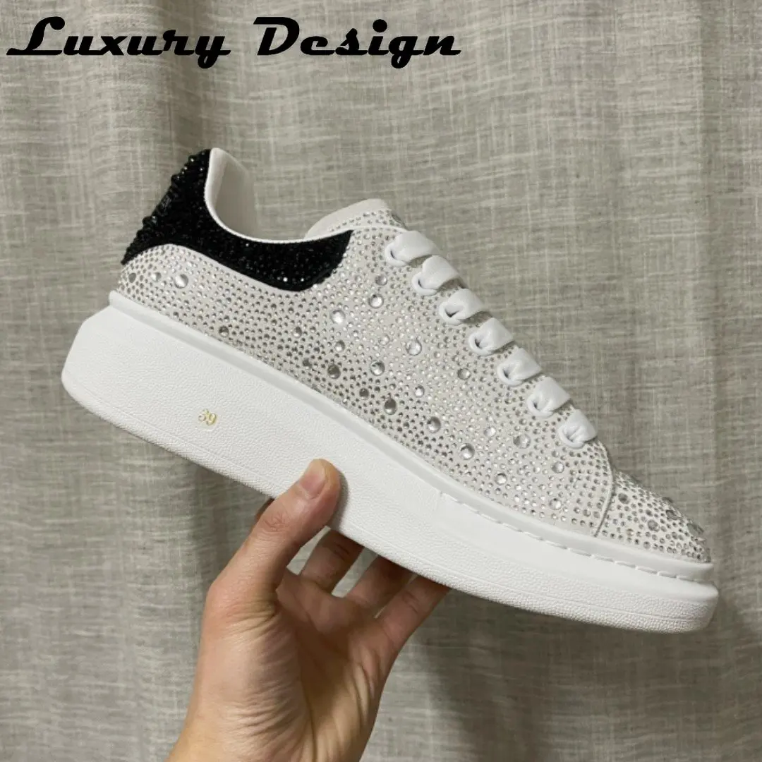 Luxury Rhinestone Sneakers Women Thick Sole Leisure Shoe Unisex Brand Trainer Man Mixed Colors Crystal Genuine Leather Designer