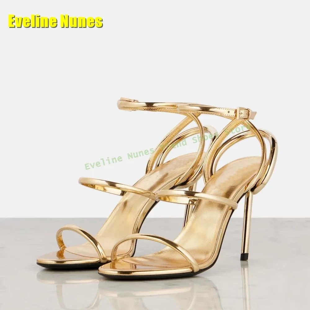 

Golden Strappy Metallic Leather Sandals Round Toe Stiletto Narrow Band Solid Sexy Women High Heels Party Spicy Girl 2025 Summer
