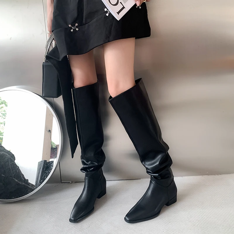 JOZHAMTASize 34-42 Women Knee Boots Soft Leather Ruched Thick Heel Shoes Fall Winter 2025 Ins Wide Calf Slip On Long Tall Boots