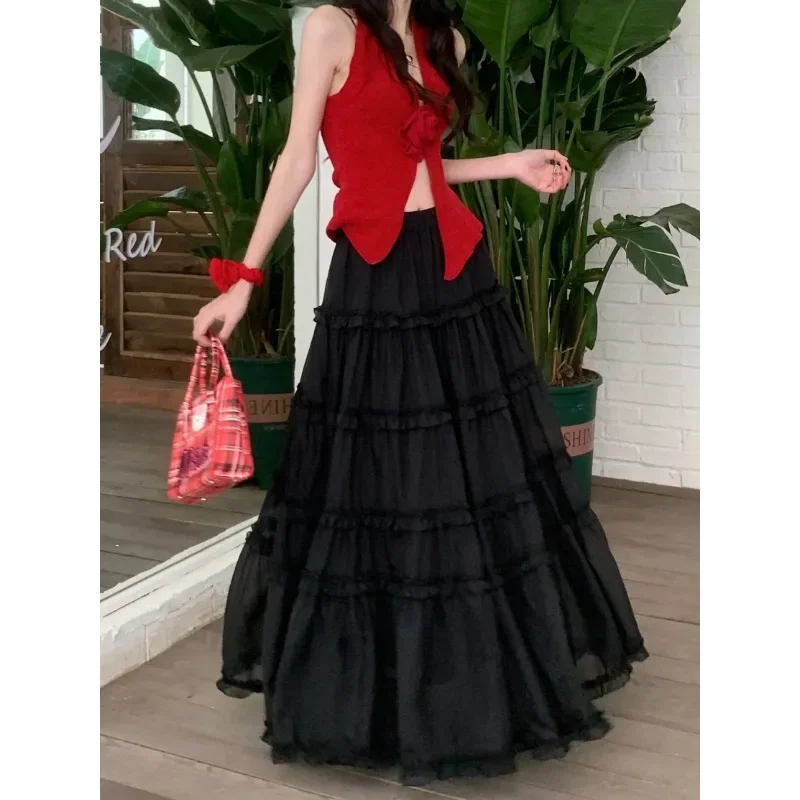 Korean Solid Color Loose Casual Mesh A-line Skirt Women 2024 Summer New High Waist Fashion All Match Pleated Mid-length Skirt