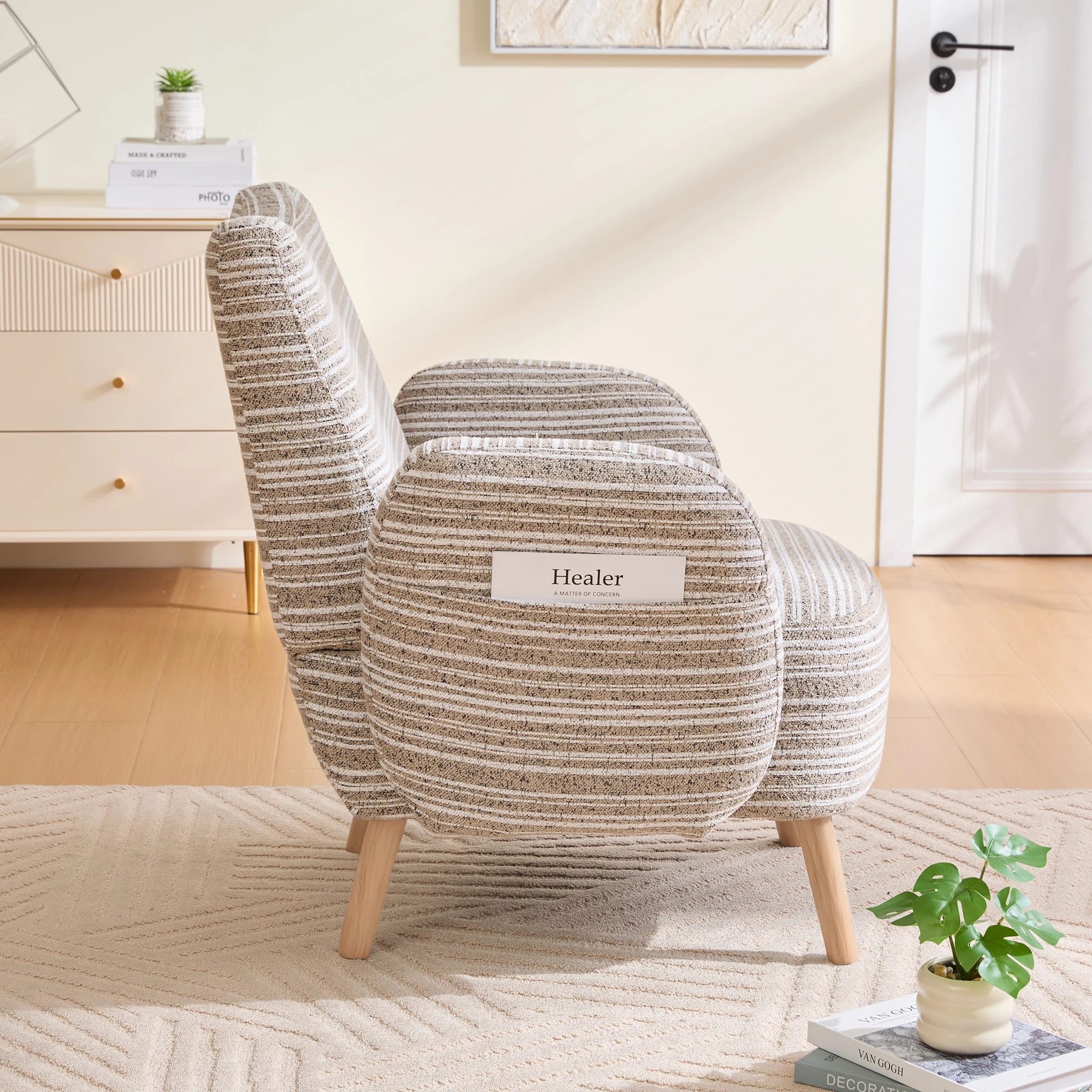 PINGGO Moderner Stoffsessel mit Seitentasche & Massivholzbeinen, Komfortabler Lesesessel für Wohnzimmer Schlafzimmer Büro – Detail 16