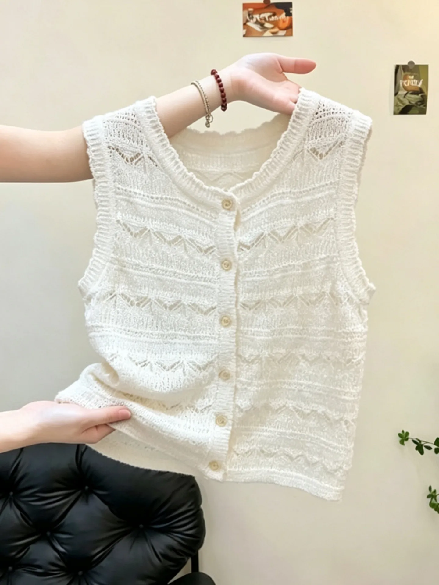 Slimming Knitted Vest Women's Summer Casual Commute Style Hollow out Lace Detailing Breathable H-Shape Vest City Walk Fashion