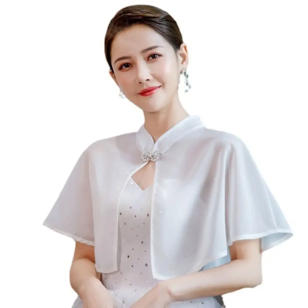 Chiffon Bride Wedding Dress Shawl Transparent Rhinestone Buckle Evening Dresses Scarves Solid Color Wrap Cheongsam Cape Beach