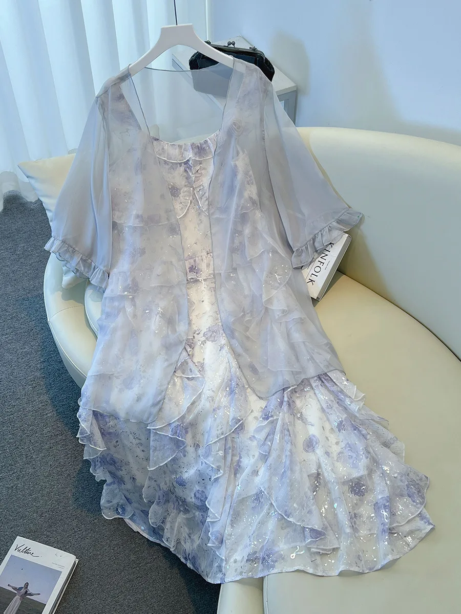 

150Kg Plus Size Women's Bust 132-160 Summer Loose Ruffled Sequined Camisole Dress Shawl Two-Piece Set 5XL 6XL 7XL 8XL 9XL