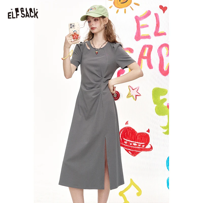 

ELFSACK Elegant Twist Front Midi Dress, Short Sleeve Slit Round Neck Dress, Casual Feminine Slim Fit Dress for Women
