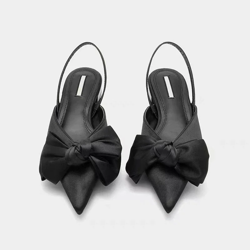 2023 Fashion Shoes Female One Pedal Women\'s Pumps Summer Pointed Toe Bow Tie Sexy Dress Party Shoes Ladies Shallow Chunky Heels