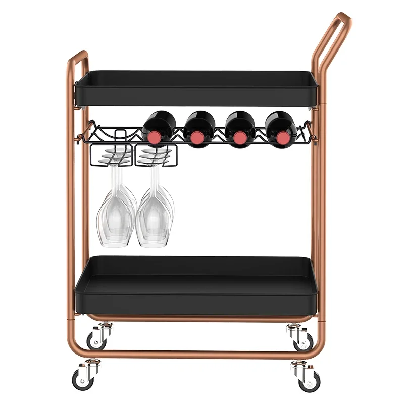 Rose Gold Portable Utility Movable 2 Tier Kitchen Bar Wine Trolley Rolling Wine Rack Storage Serving Cart With Glass Frame