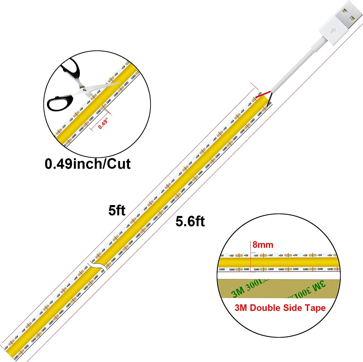 DC5V USB LED COB Strip Light 320LED/m USB Powered High Density Flexible Tape Strips White Blue Green Red 5m/lot