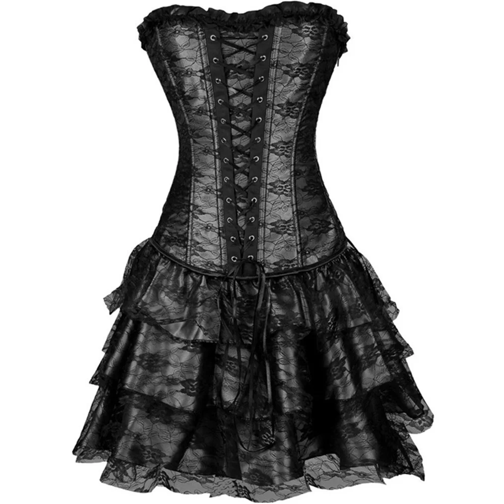 Women Sexy Lace Floral Corset Dress Vintage Victorian Burlesque Corset Top With Gothic Ruffle Asymmetry Skirt Set