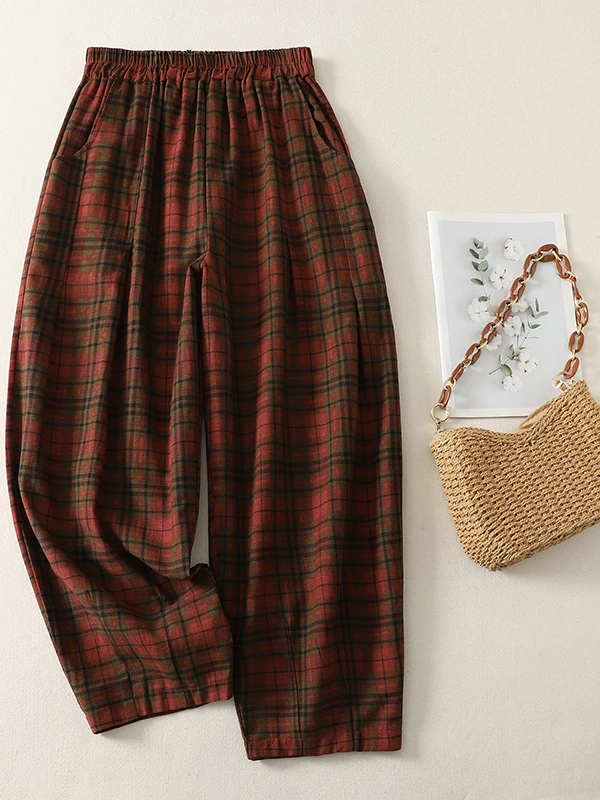 

Высококачественные модные повседневные брюки больших размеров для женщин: тонкие, эластичные, в ретро-клетку, свободные брюки-харлан с высокой талией, прямые, летние, кофейного цвета.