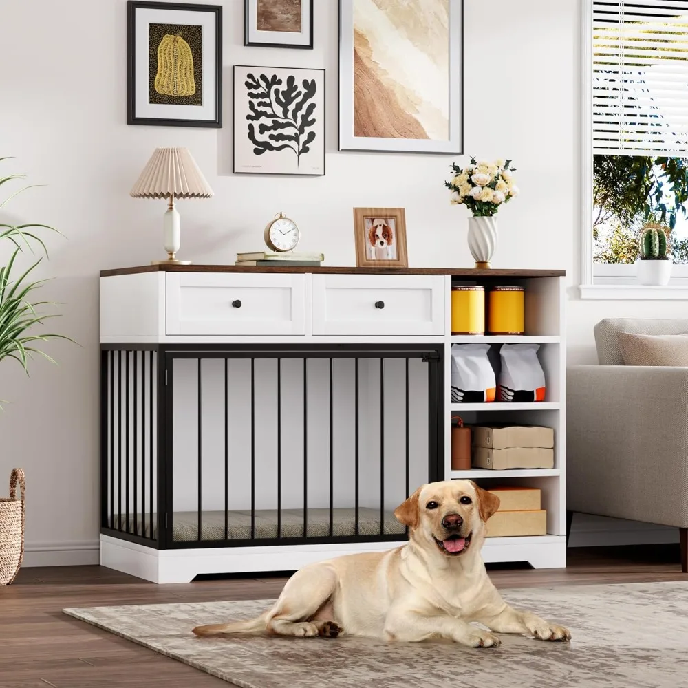 

47” Wooden Dog Crate Furniture: Large Indoor Kennel TV Stand with 2 Drawers & 4 Shelves, Decorative Cage