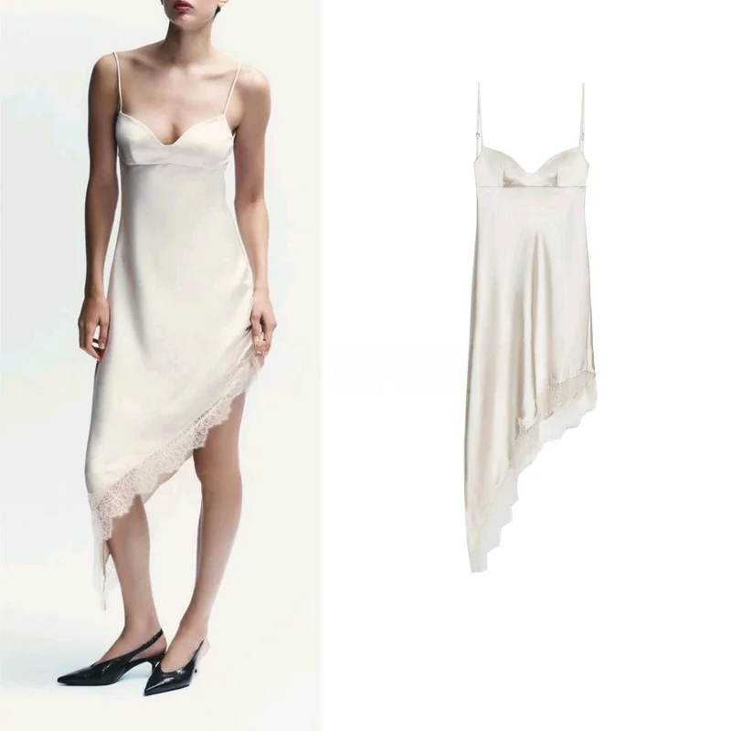 กระโปรงมิดิลำลองผู้หญิง รุ่น X ผ้าซาตินเนื้อนุ่ม สายเดี่ยวแบบไม่สมมาตร แต่งลูกไม้เซ็กซี่ ผ้าโพลีเอสเตอร์ผสมผ้าโปร่งจีบ