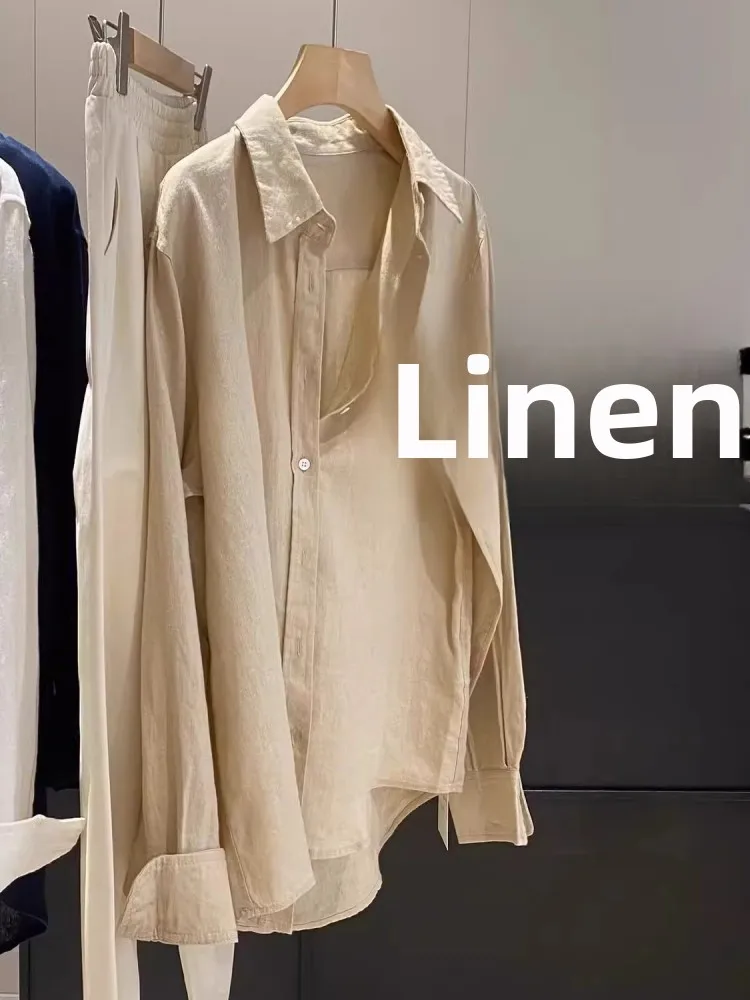 

Classic Pure Color Long Sve Linen irt Women's Early Autumn Versatile Top Commute Sle Loose Fit Korean Version Button D...