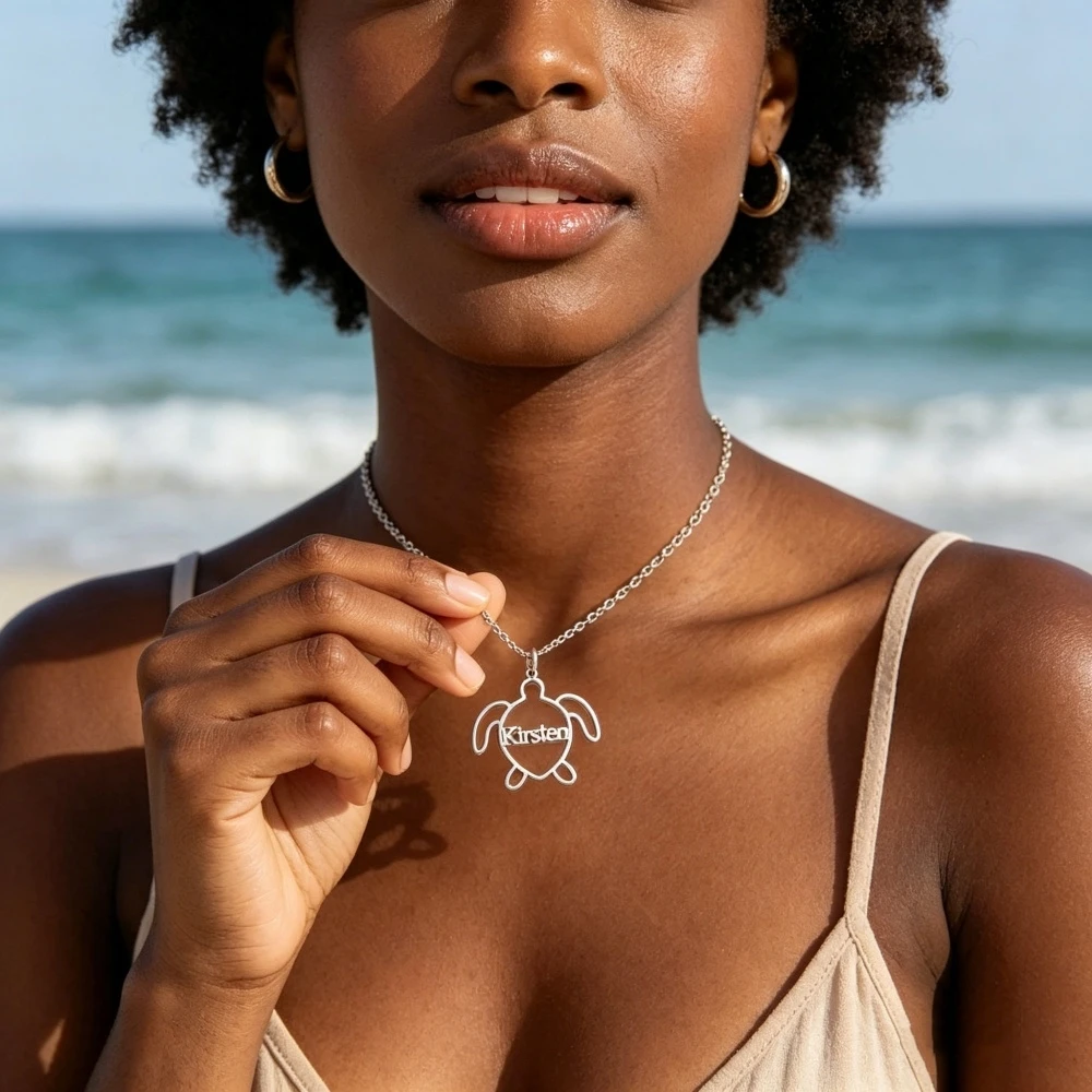 Custom Name Turtle Necklace Women Child Summer Vacation Jewelry Stainless Steel Personalized Nameplate Marine Animals Necklace